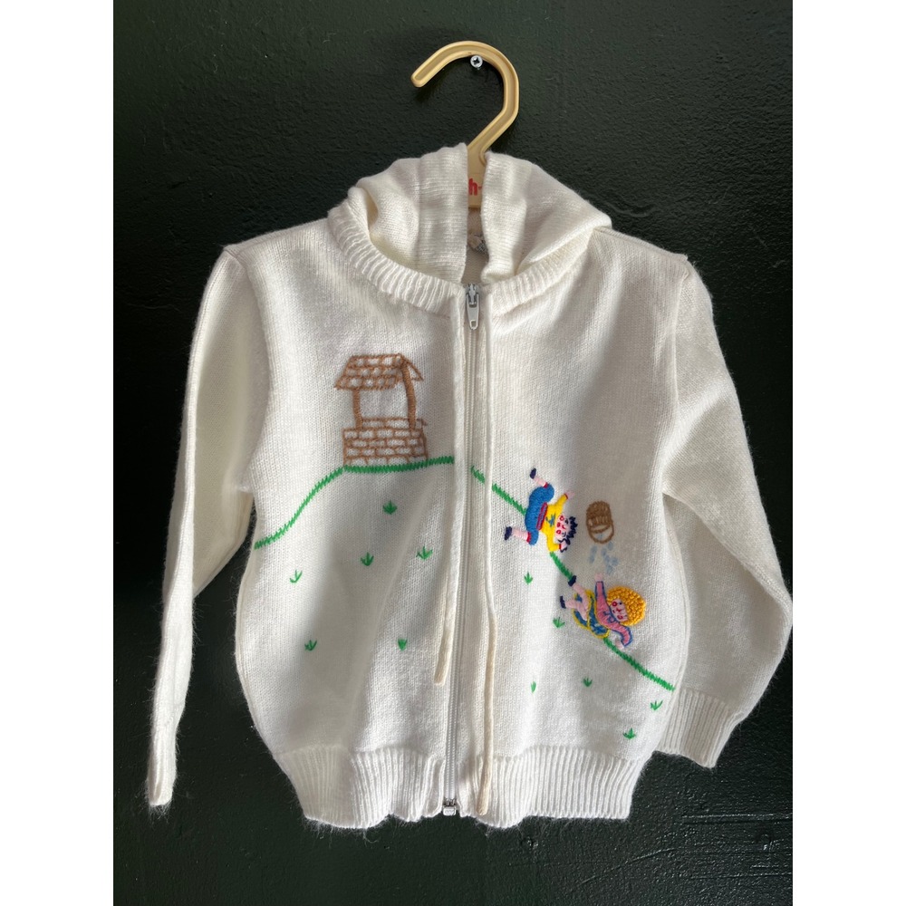 Vintage Nursery Rhyme Kids Jack & Jill Embroidered Knit Zip Up sweater rare 70's